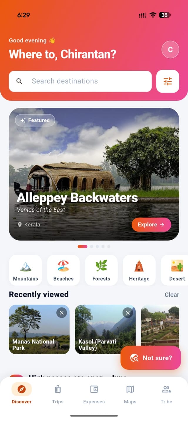 TrailArk Discover screen — featured Indian destinations with mood filters
